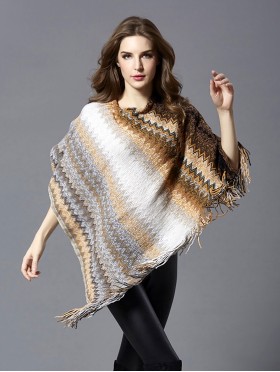 Zig-Zag Pattern Poncho with Fringes